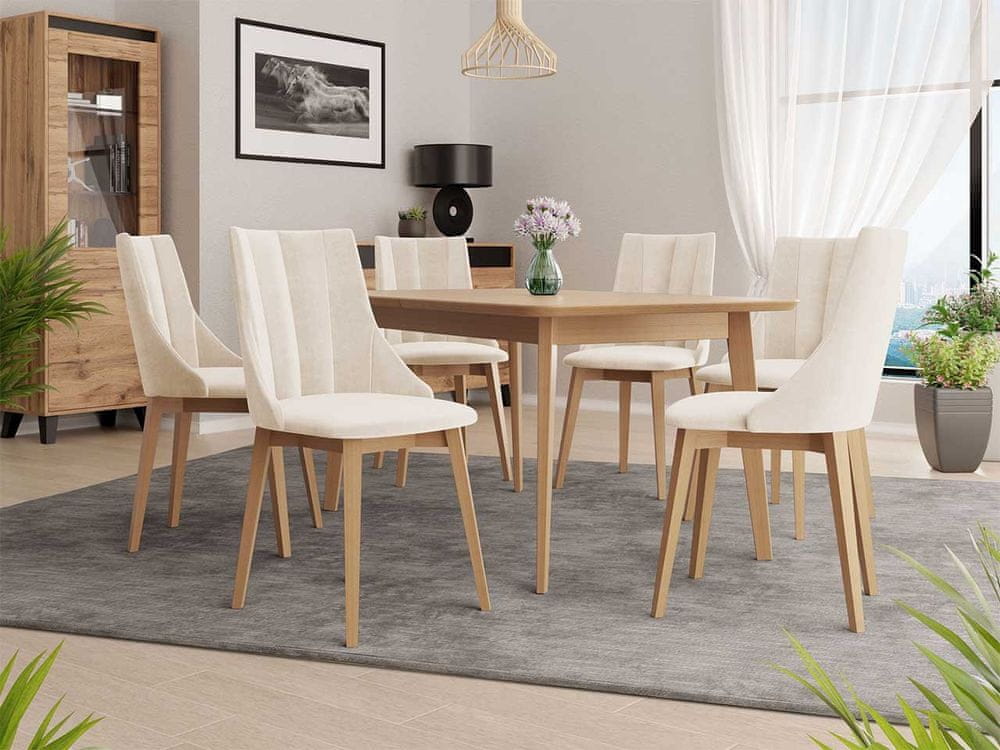 Veneti Rozkladací jedálenský stôl so 6 stoličkami NOWEN 2 - prírodné drevo / béžový